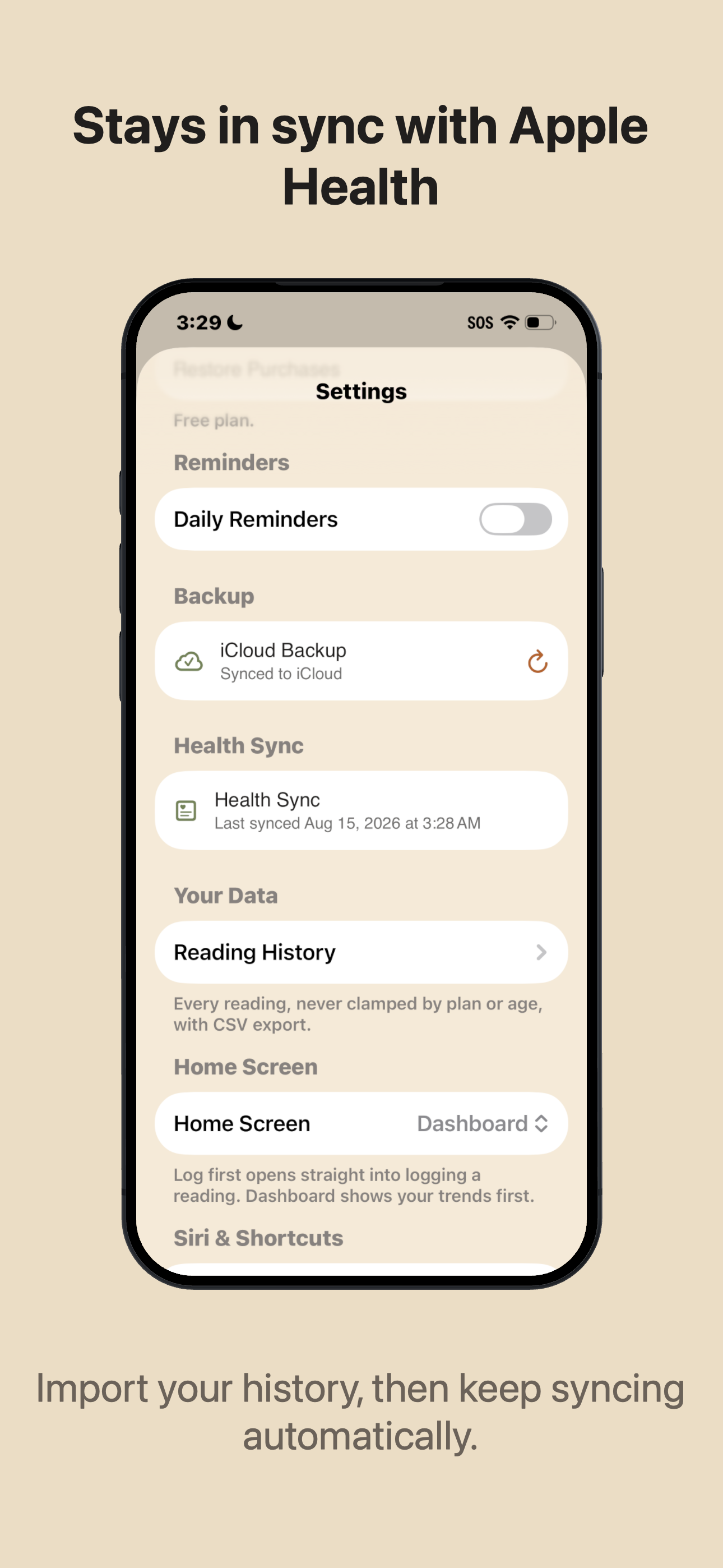 Stays in sync with Apple Health. Import your history, then keep syncing automatically.